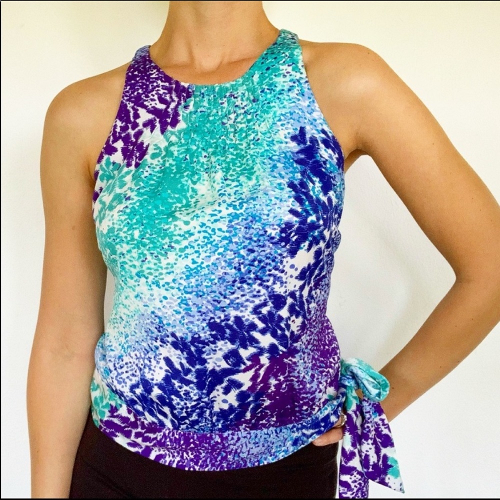 Apt. 9 blue purple watercolor sleeveless sash blouse size XSP